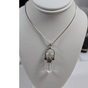 Sterling Silver 925 Clear Quartz Crystal Point Amethyst Star Necklace Italy 18in